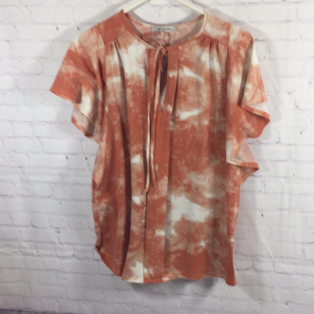 Ces  Femme Tie Dye Ruffle Sleeve Tie Neck Top